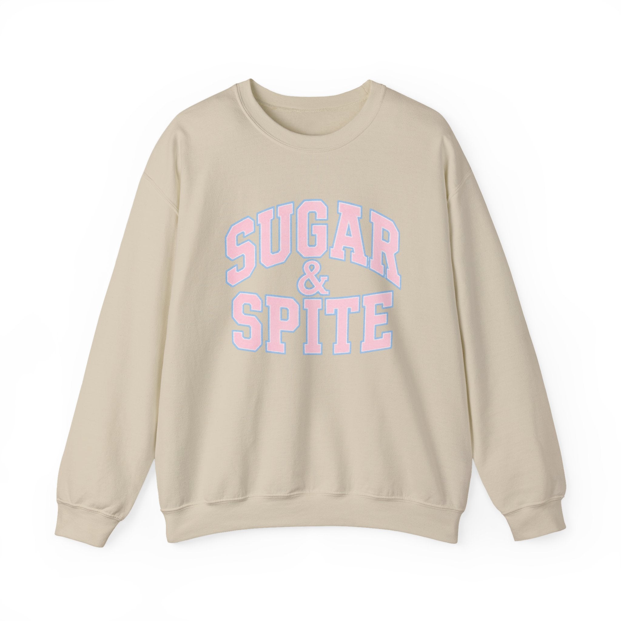 Sugar & Spite Baby Pink and Blue Varsity Logo Sweatshrit