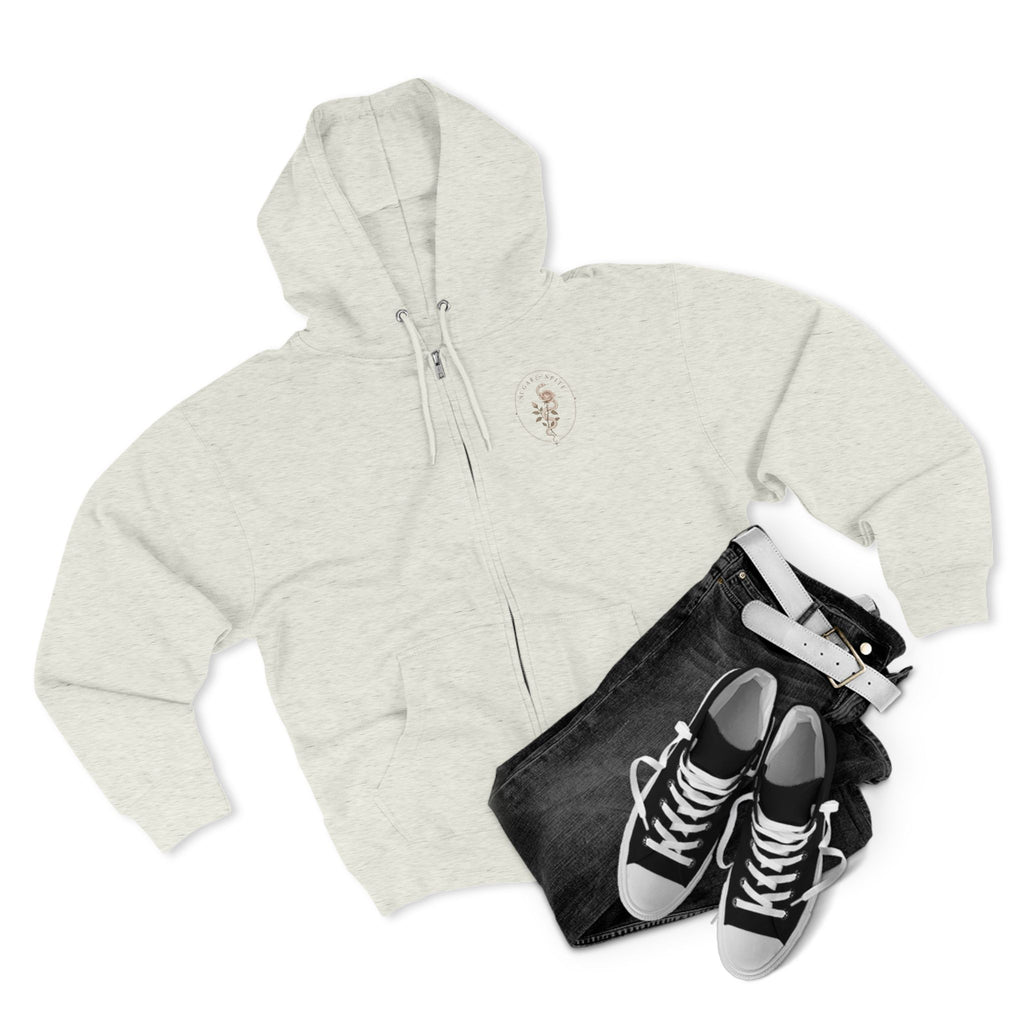 Minimal Floral Crest Zip Hoodie — Small Rose Emblem Chest Design
