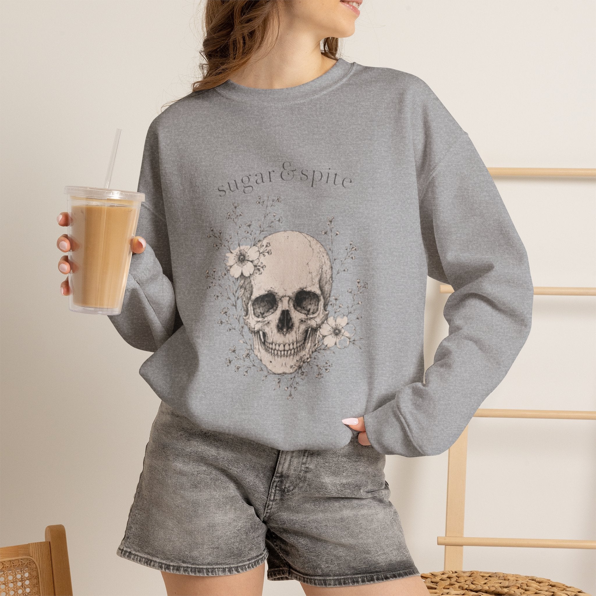 Skull Floral Crewneck Sweatshirt — 'Sugar & Spite' Vintage Gothic Pullover