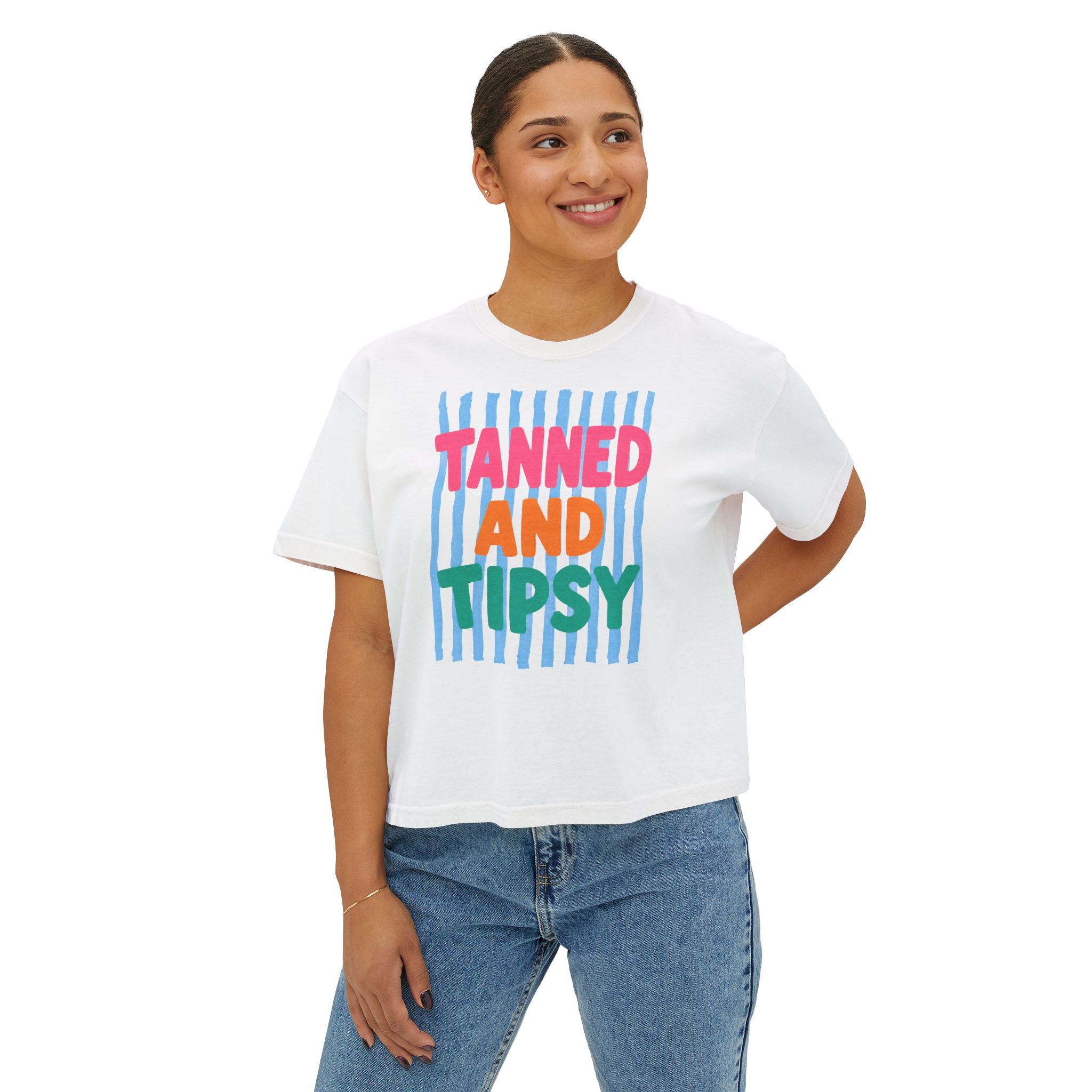 Tanned and Tipsy Boxy Tee — Fun Beach Vacation Crop Shirt