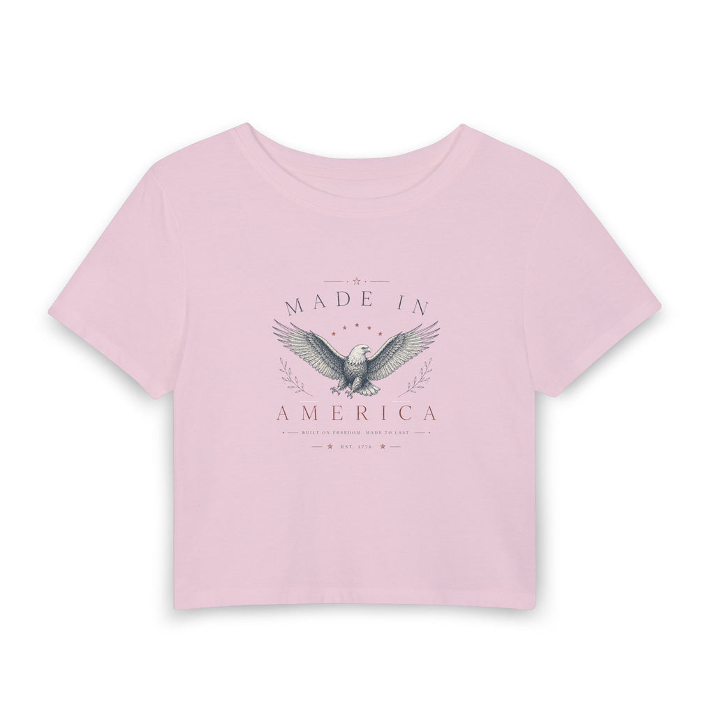 Made in America Eagle Women's Baby Tee — Patriotic Cropped Graphic Tee