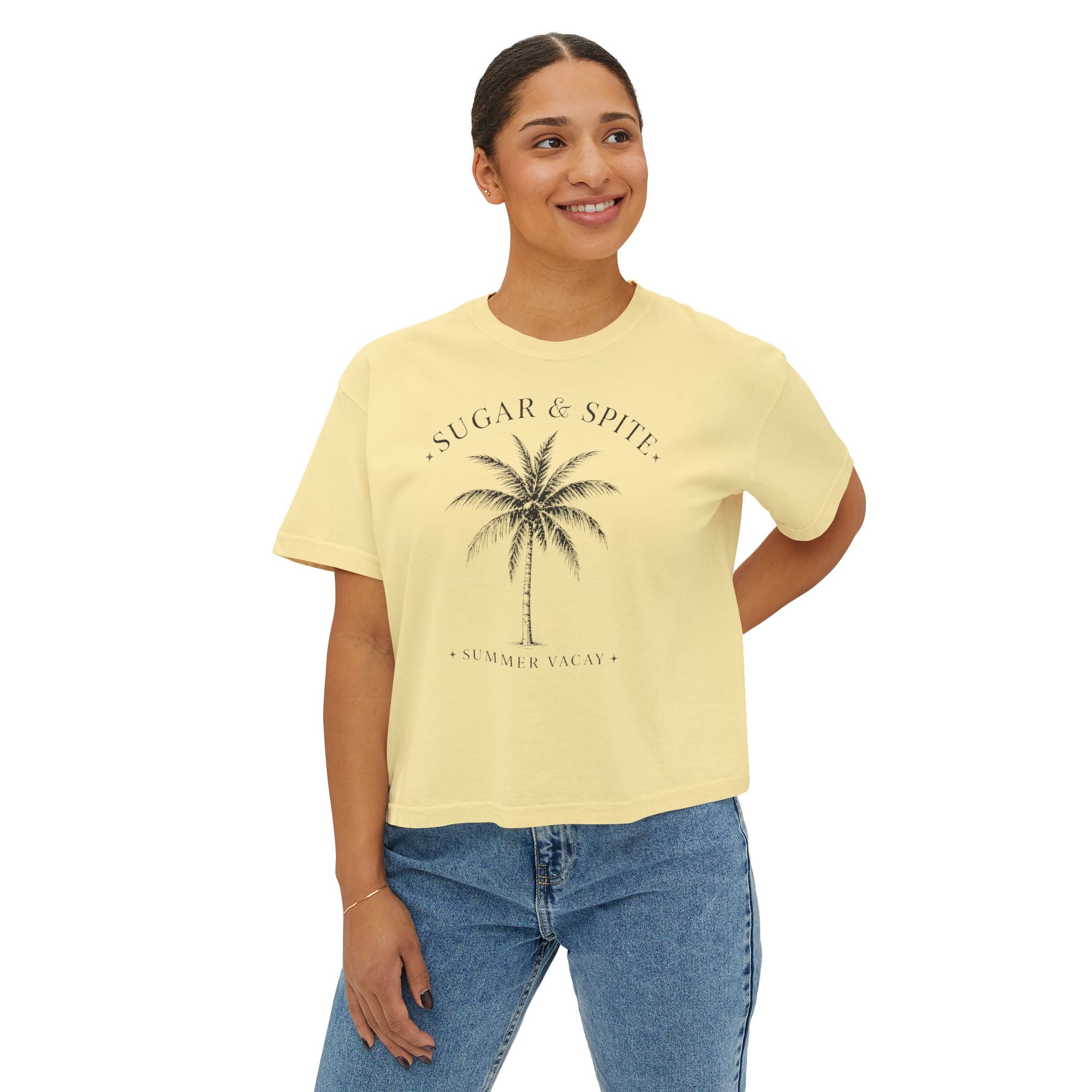 Sugar & Spice Palm Women's Boxy Tee — Summer Vacay Tropical Crop T-Shirt