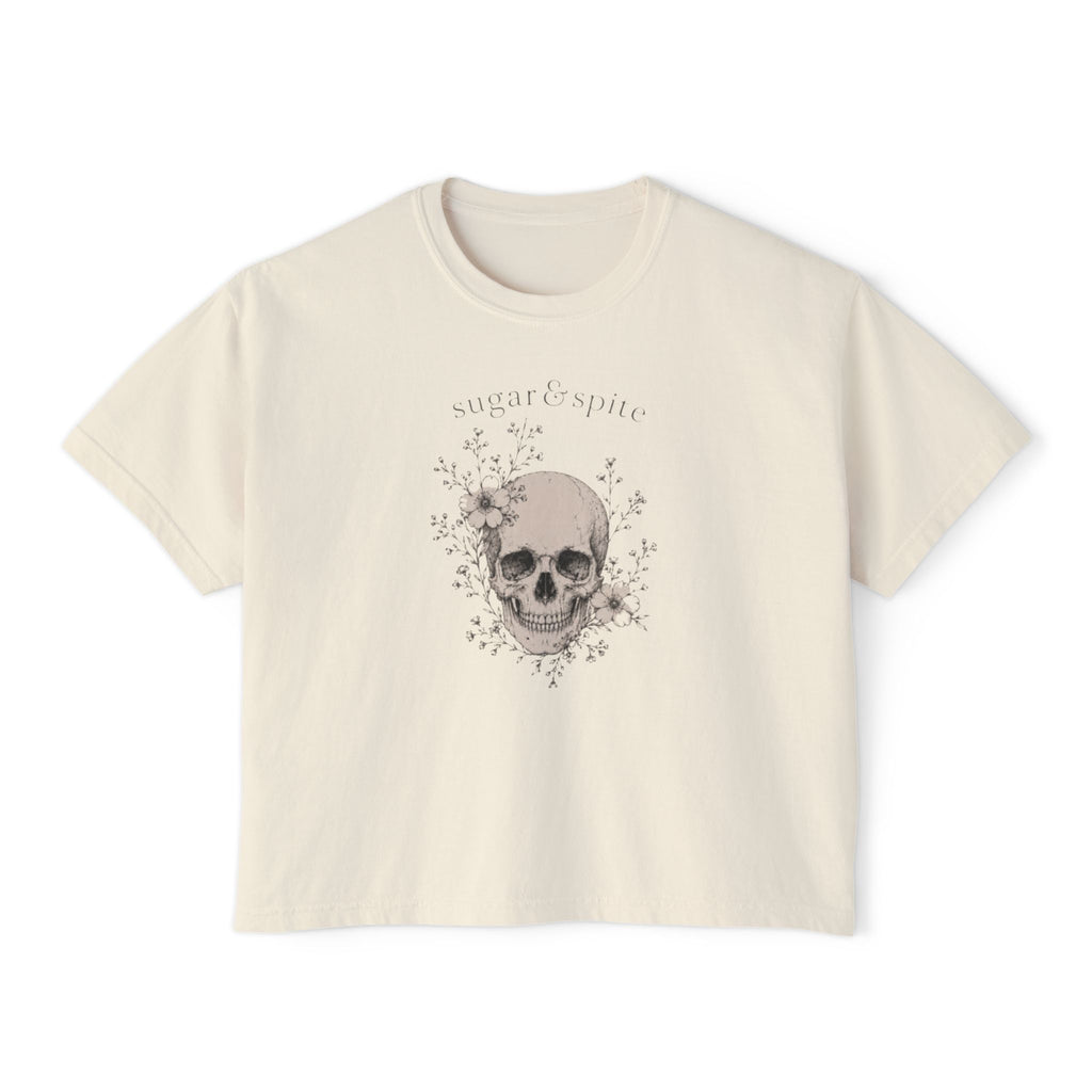 Sugar & Spice Skull Boxy Tee — Women's Casual Halloween Graphic T-Shirt