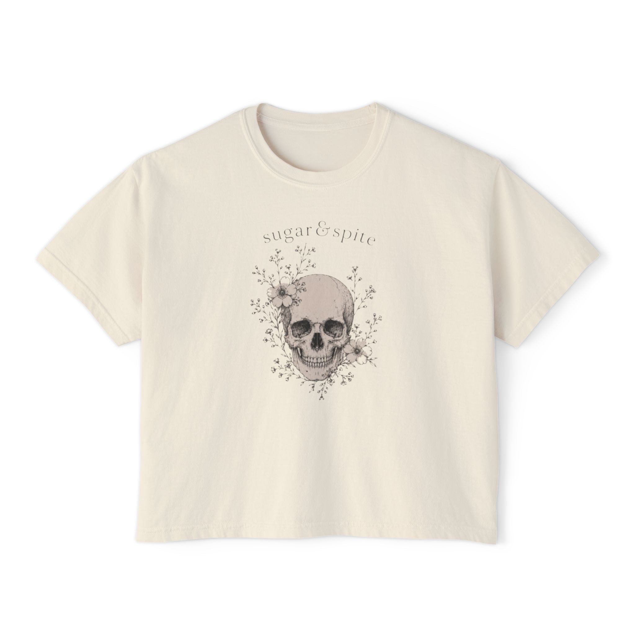 Sugar & Spice Skull Boxy Tee — Women's Casual Halloween Graphic T-Shirt