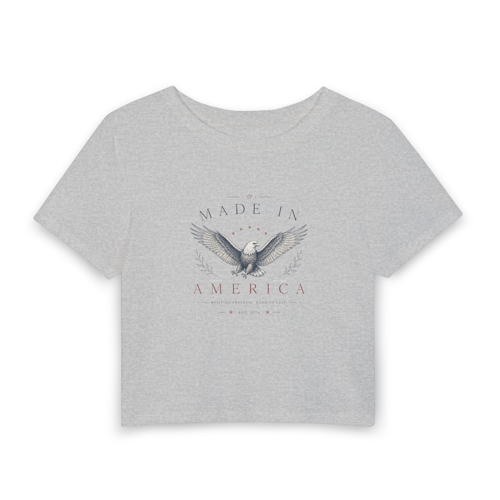 Made in America Eagle Women's Baby Tee — Patriotic Cropped Graphic Tee