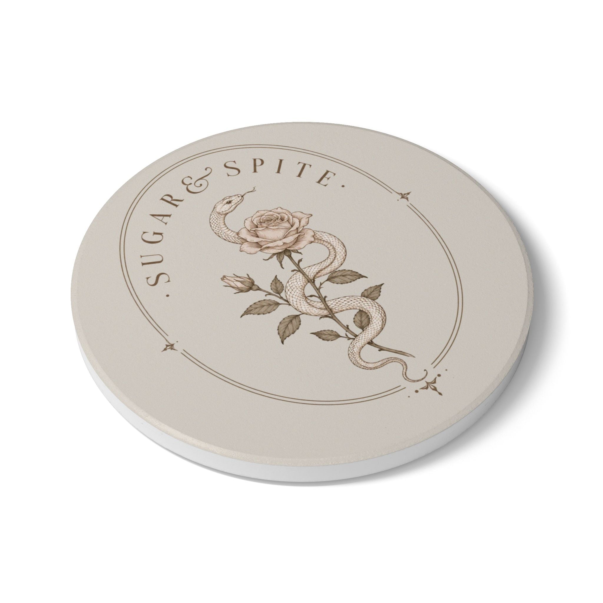 Ceramic Coaster — Vintage Snake & Rose 'Sugar & Spite' Decorative Drink Coaster