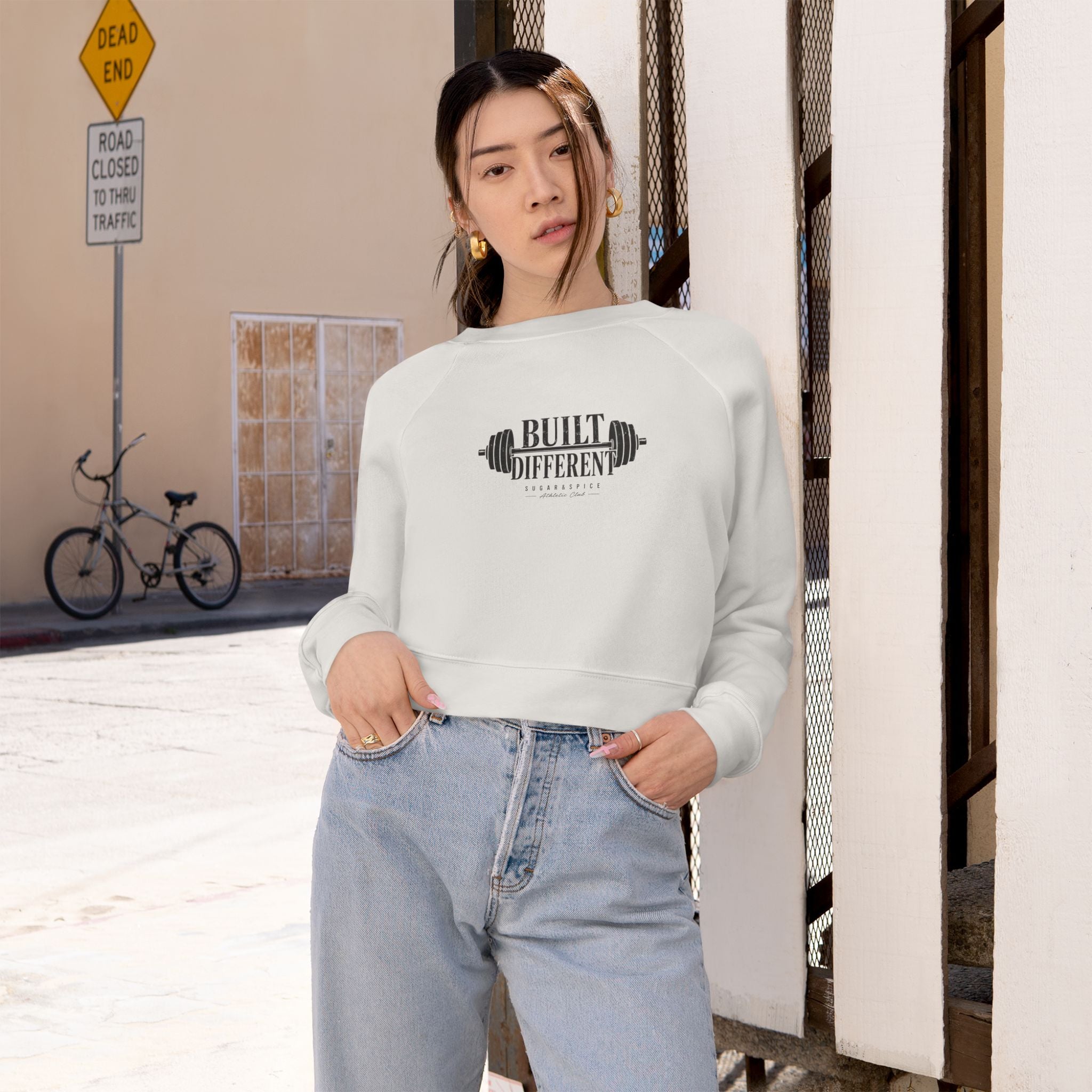 Cropped Pullover — "Built Different" Fitness Graphic