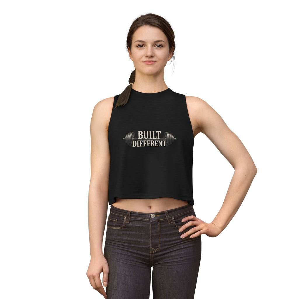 Built Different Crop Top — Women's Fitness Tank Top with Barbell Graphic