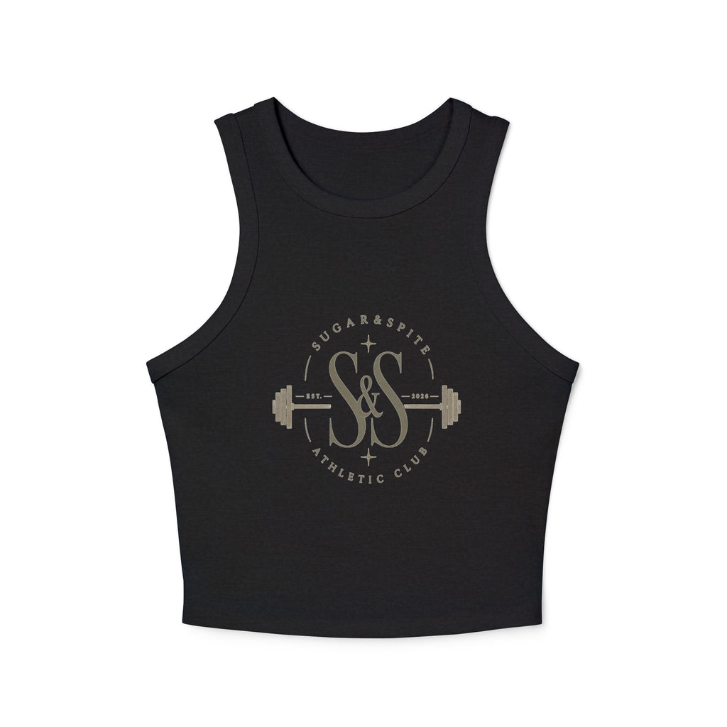 Athletic Club Micro Rib Racer Tank Top — Women's Gym Crop with Barbell Logo