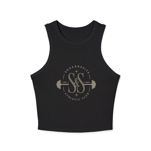 Athletic Club Micro Rib Racer Tank Top — Women's Gym Crop with Barbell Logo