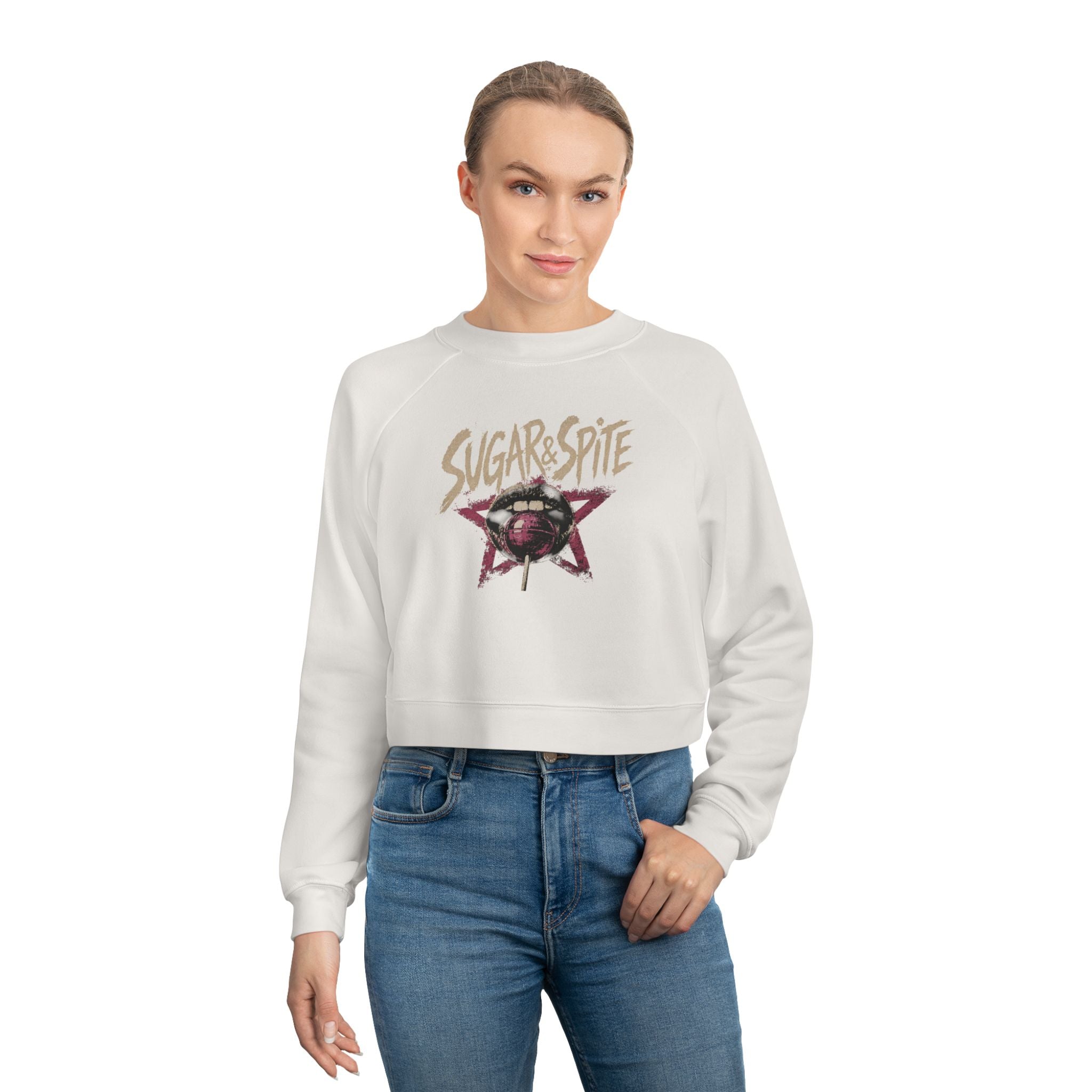 Women's Cropped Sugar&Spite Lips and Star Fleece Pullover