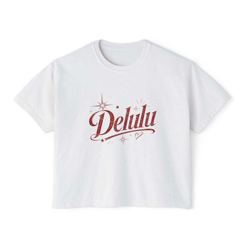 Delulu Boxy Tee - Retro Script Feminine Graphic Crop T‑Shirt