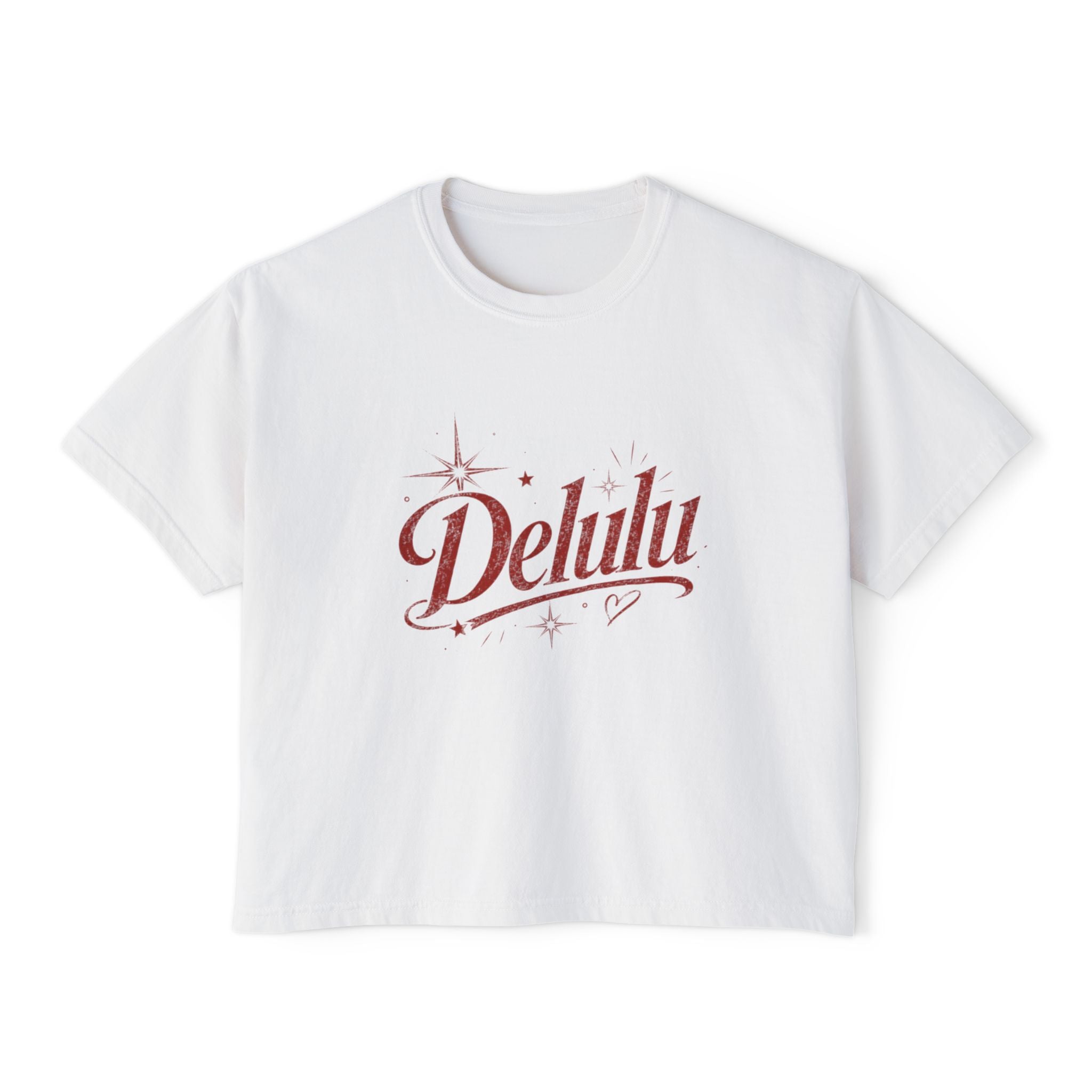 Delulu Boxy Tee - Retro Script Feminine Graphic Crop T‑Shirt