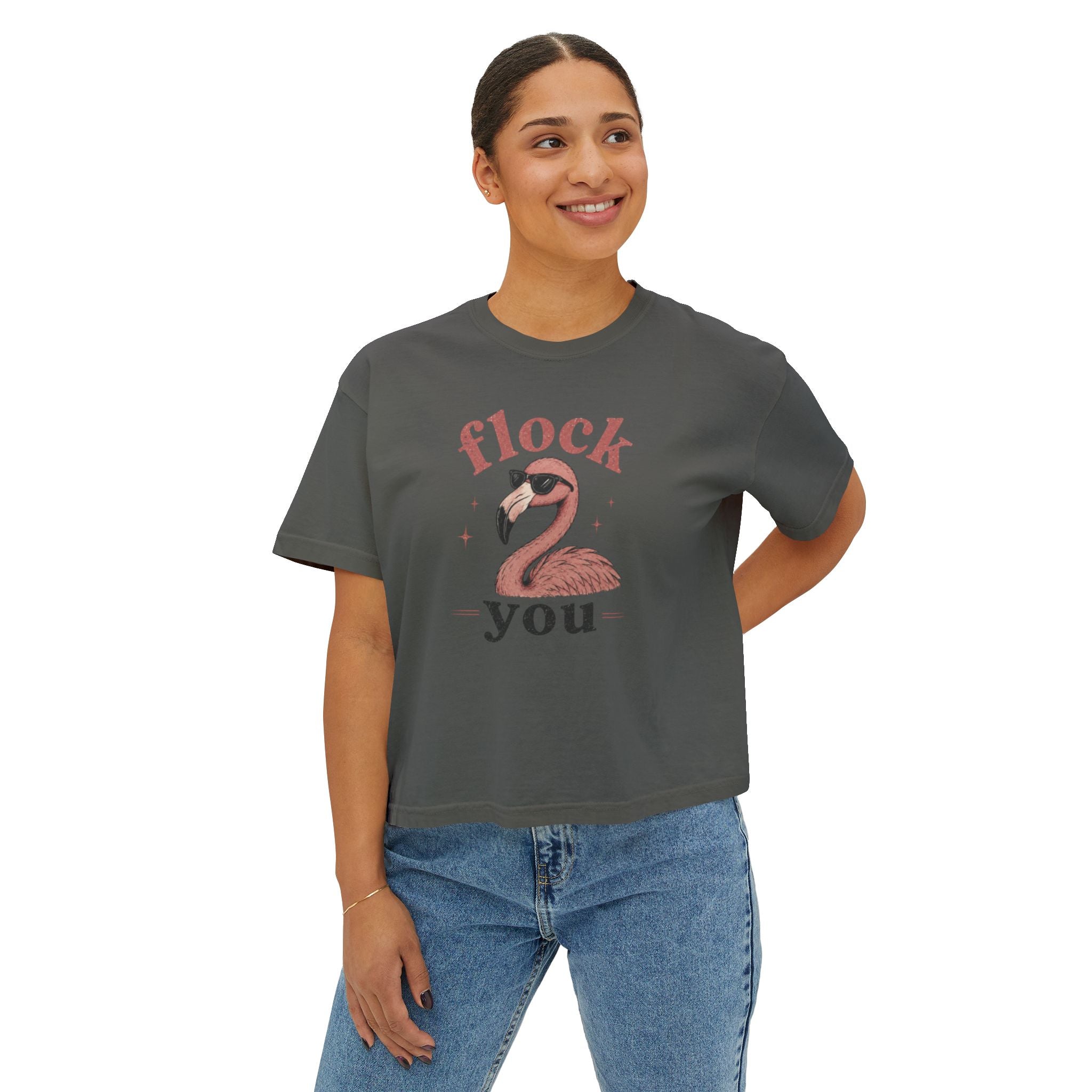 Women's Boxy Tee — 'Flock You' Funny Flamingo Graphic Shirt