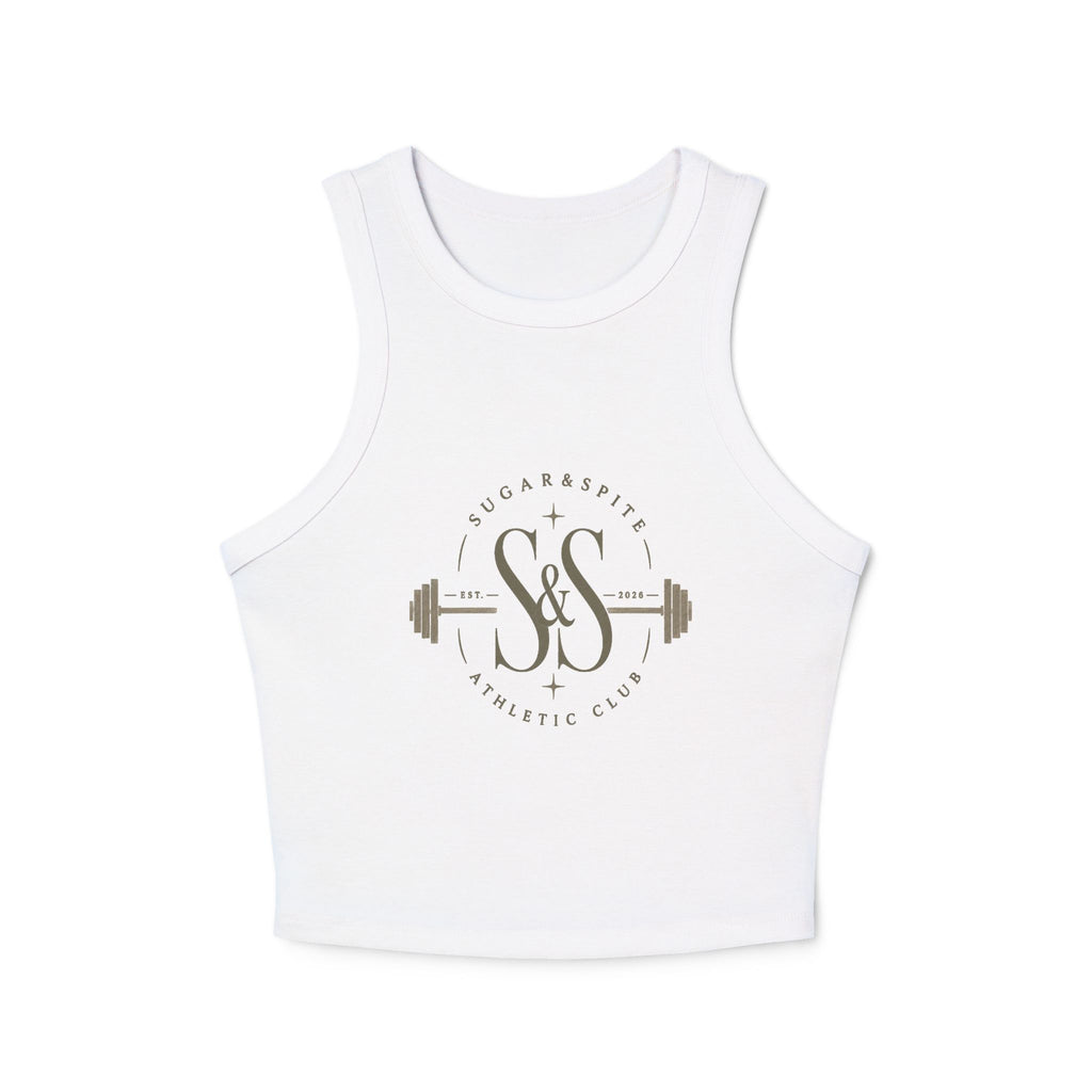 Athletic Club Micro Rib Racer Tank Top — Women's Gym Crop with Barbell Logo