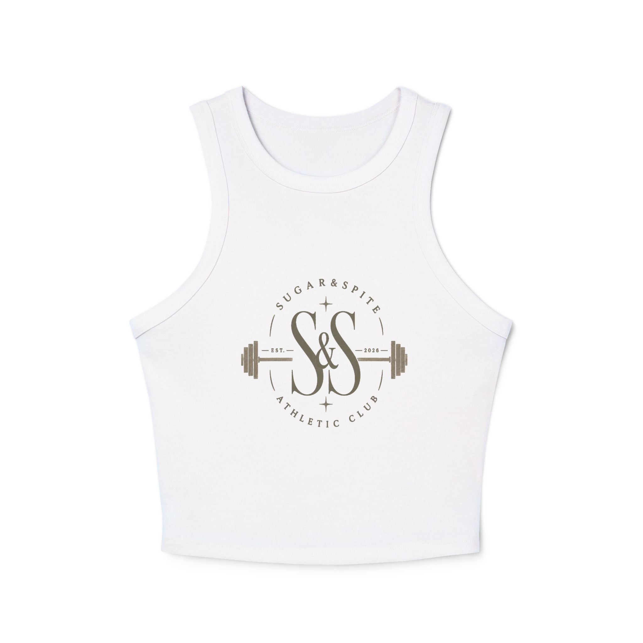 Athletic Club Micro Rib Racer Tank Top — Women's Gym Crop with Barbell Logo