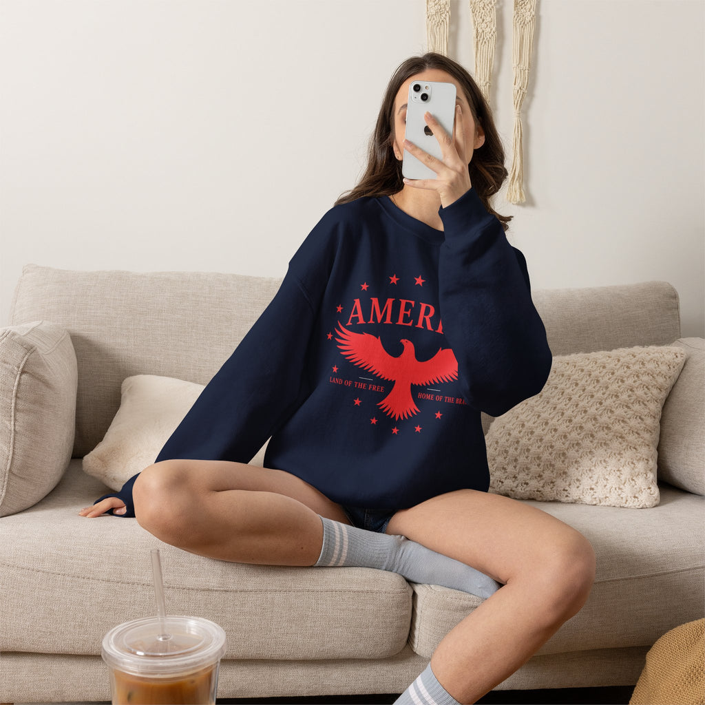 America Eagle Crewneck Sweatshirt – Patriotic Red Graphic