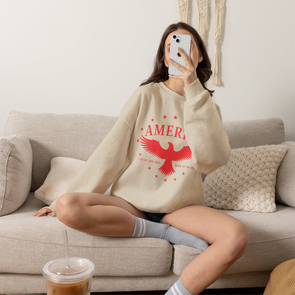 America Eagle Crewneck Sweatshirt – Patriotic Red Graphic