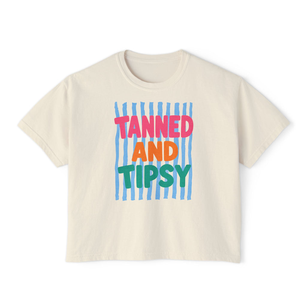 Tanned and Tipsy Boxy Tee — Fun Beach Vacation Crop Shirt
