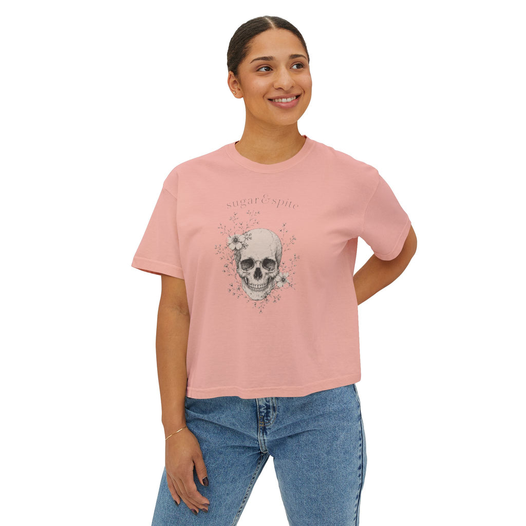 Sugar & Spice Skull Boxy Tee — Women's Casual Halloween Graphic T-Shirt