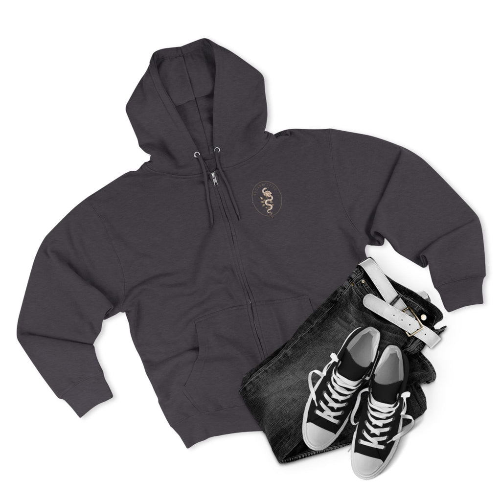 Minimal Floral Crest Zip Hoodie — Small Rose Emblem Chest Design