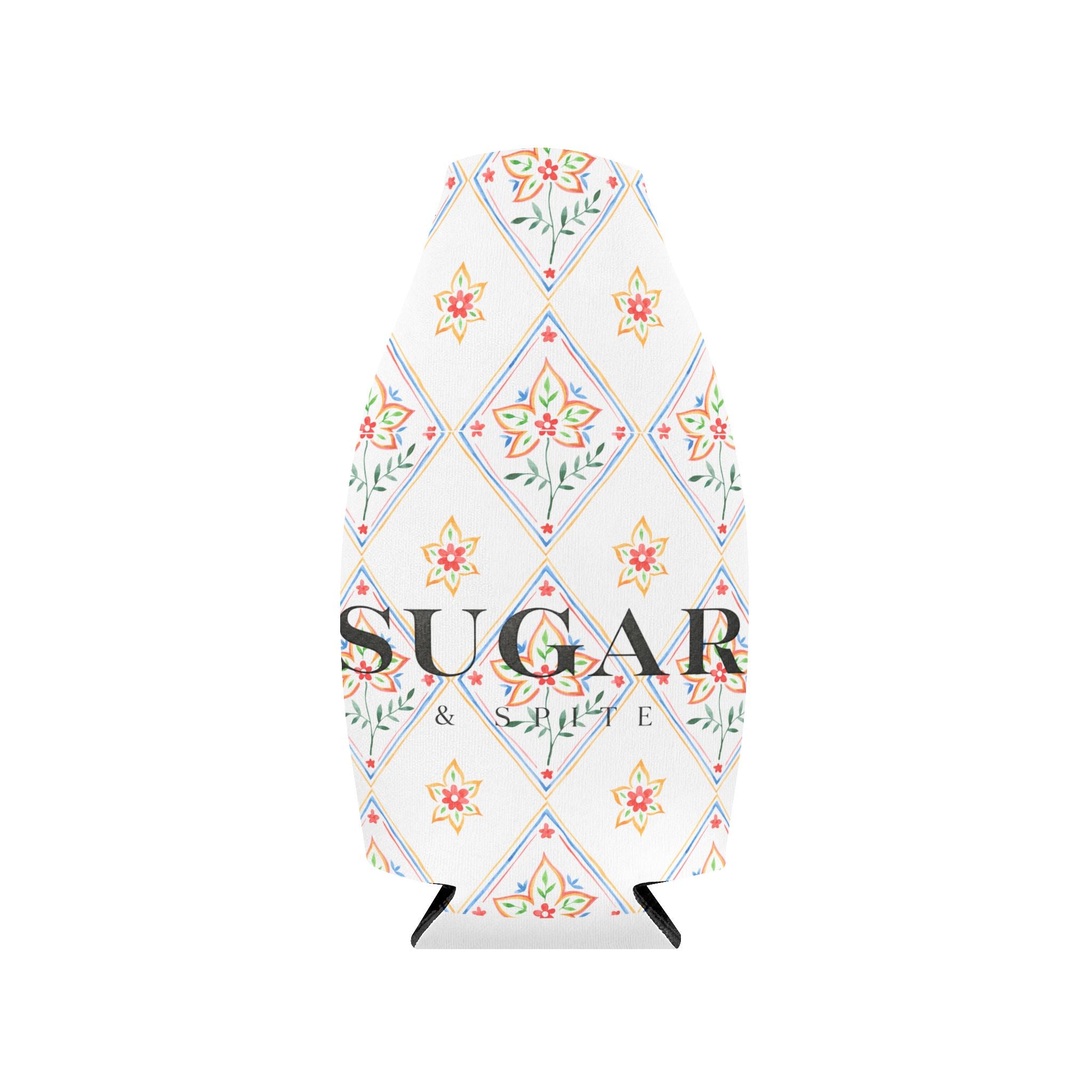 Floral Diamond Zip-Up Bottle Cooler Sleeve — Insulated Can & Bottle Koozie with 'SUGAR' Design