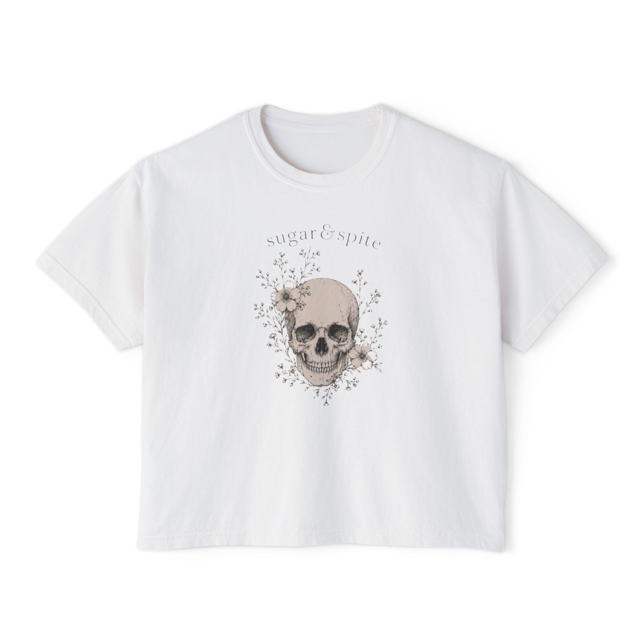 Sugar & Spice Skull Boxy Tee — Women's Casual Halloween Graphic T-Shirt