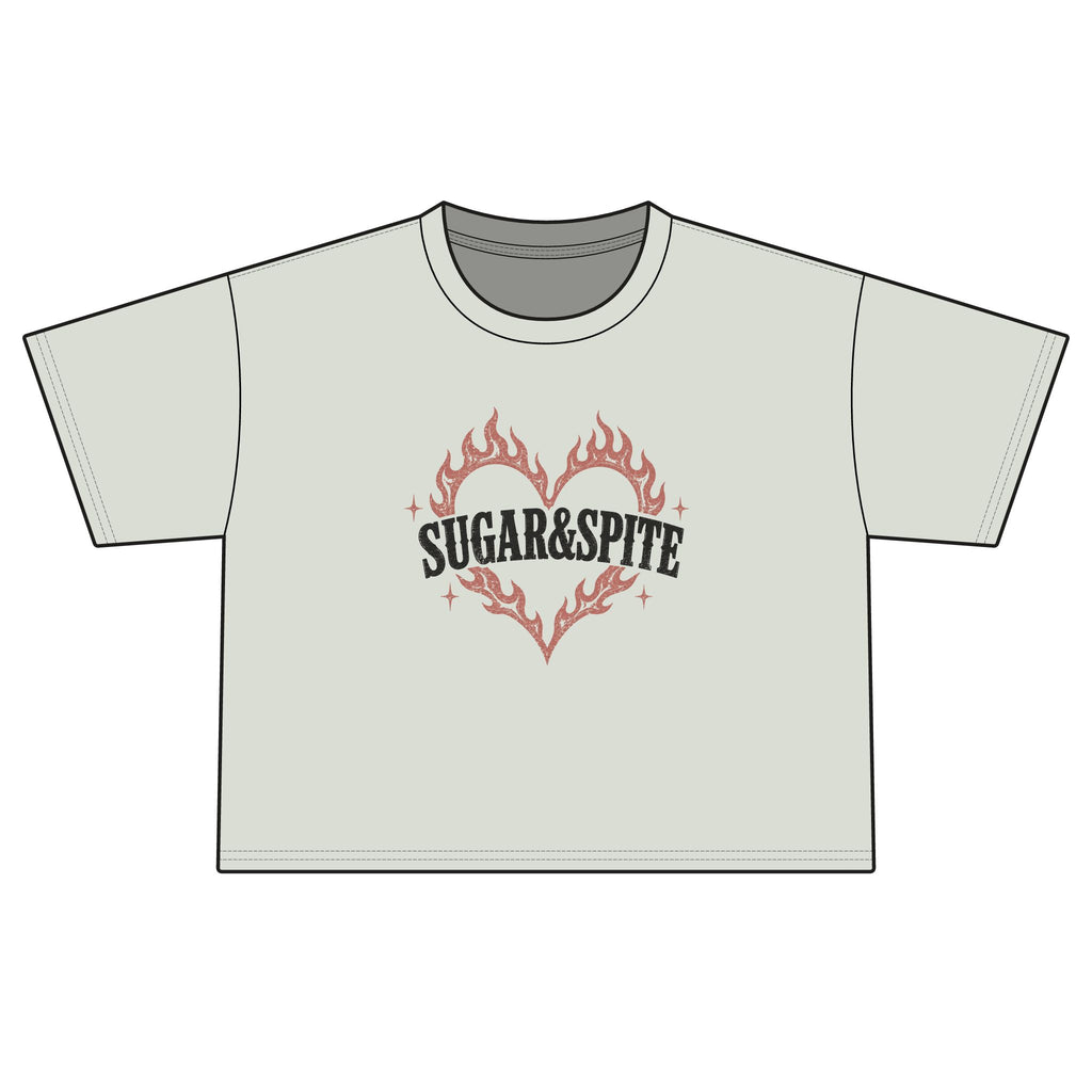 Sugar & Spite Women's Boxy Tee — Flame Heart Graphic Crop T‑Shirt