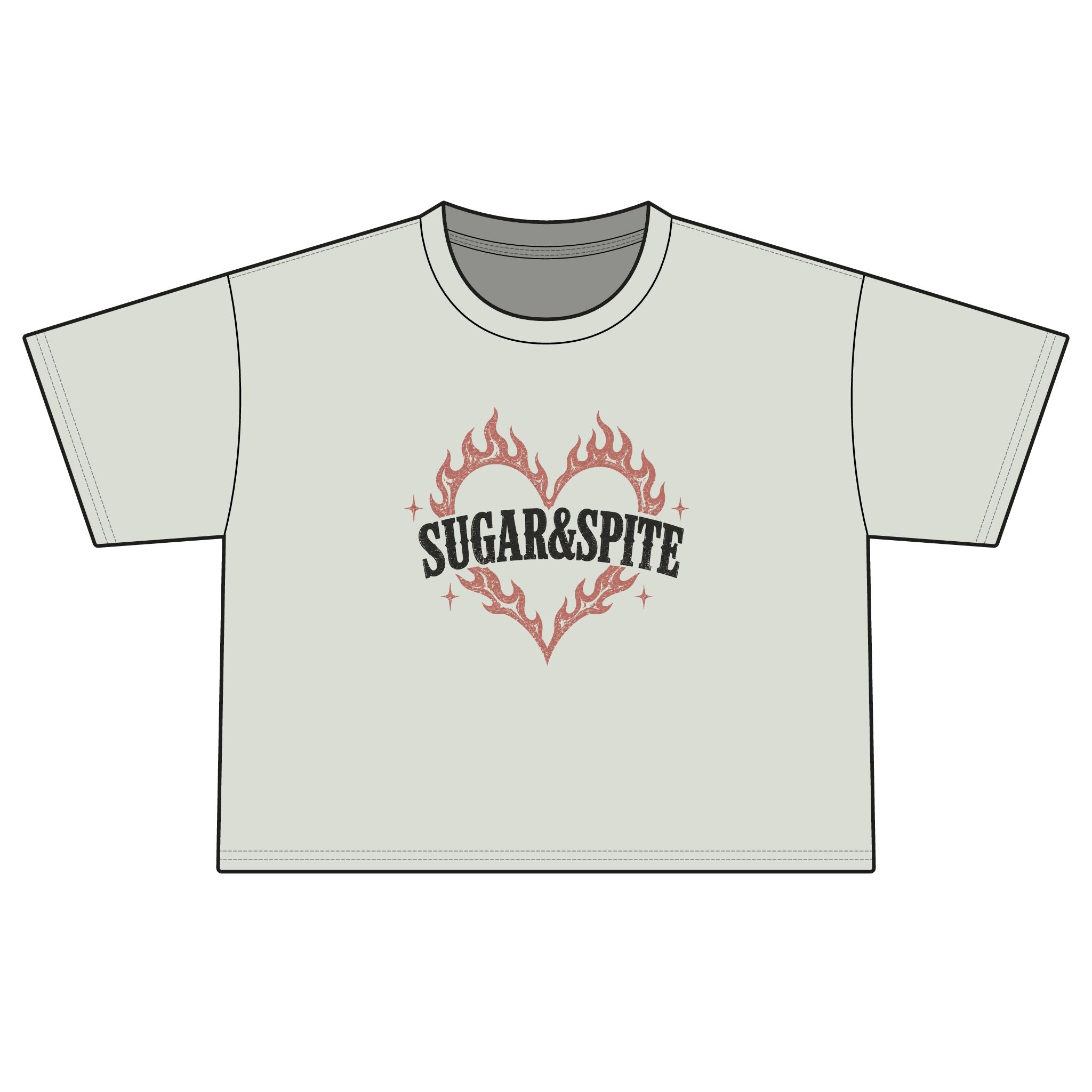 Sugar & Spite Women's Boxy Tee — Flame Heart Graphic Crop T‑Shirt