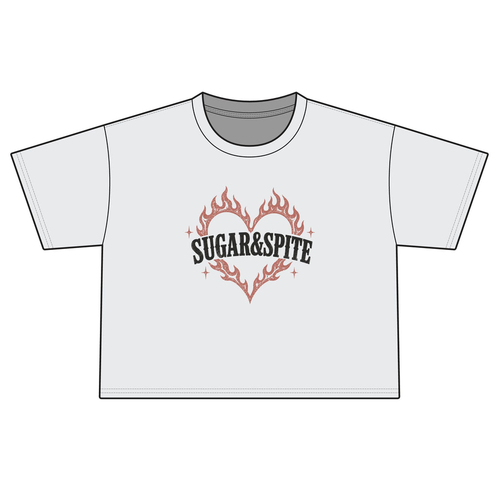 Sugar & Spite Women's Boxy Tee — Flame Heart Graphic Crop T‑Shirt