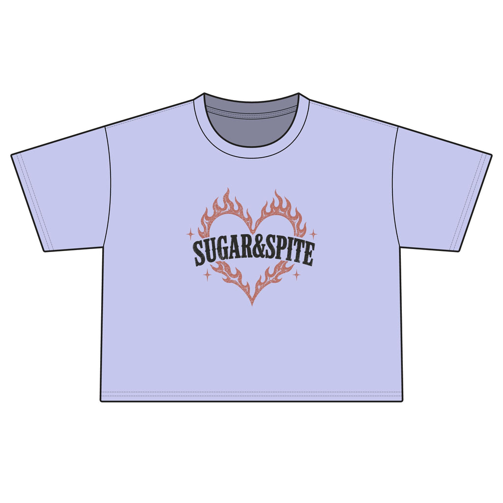 Sugar & Spite Women's Boxy Tee — Flame Heart Graphic Crop T‑Shirt