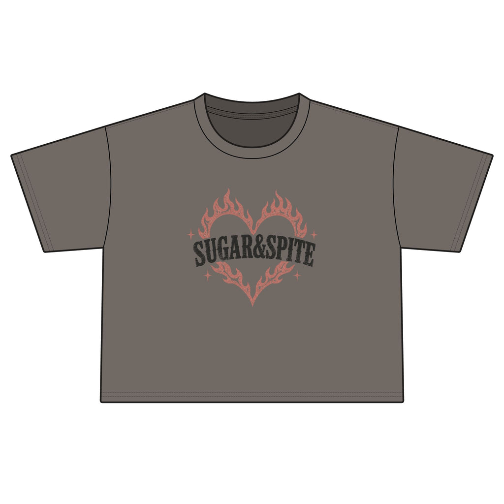Sugar & Spite Women's Boxy Tee — Flame Heart Graphic Crop T‑Shirt