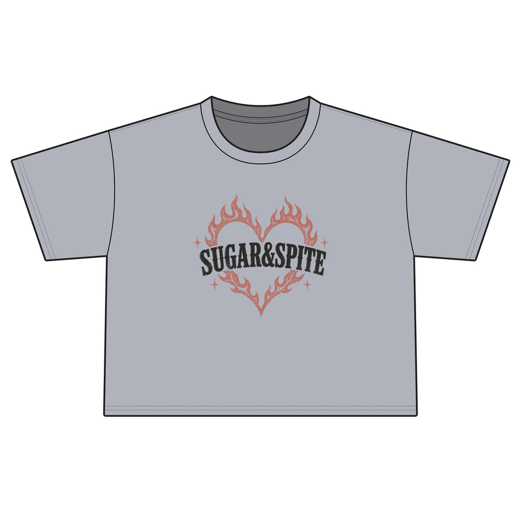 Sugar & Spite Women's Boxy Tee — Flame Heart Graphic Crop T‑Shirt