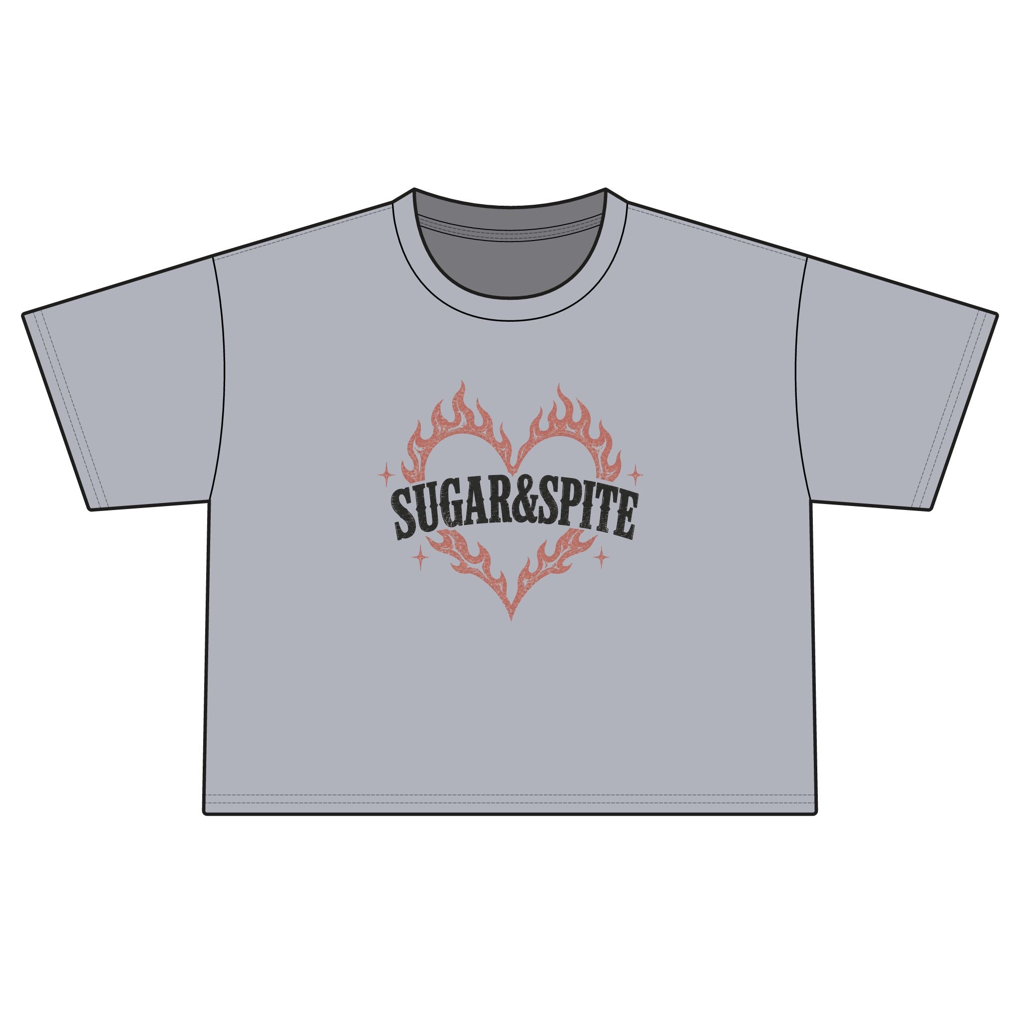 Sugar & Spite Women's Boxy Tee — Flame Heart Graphic Crop T‑Shirt