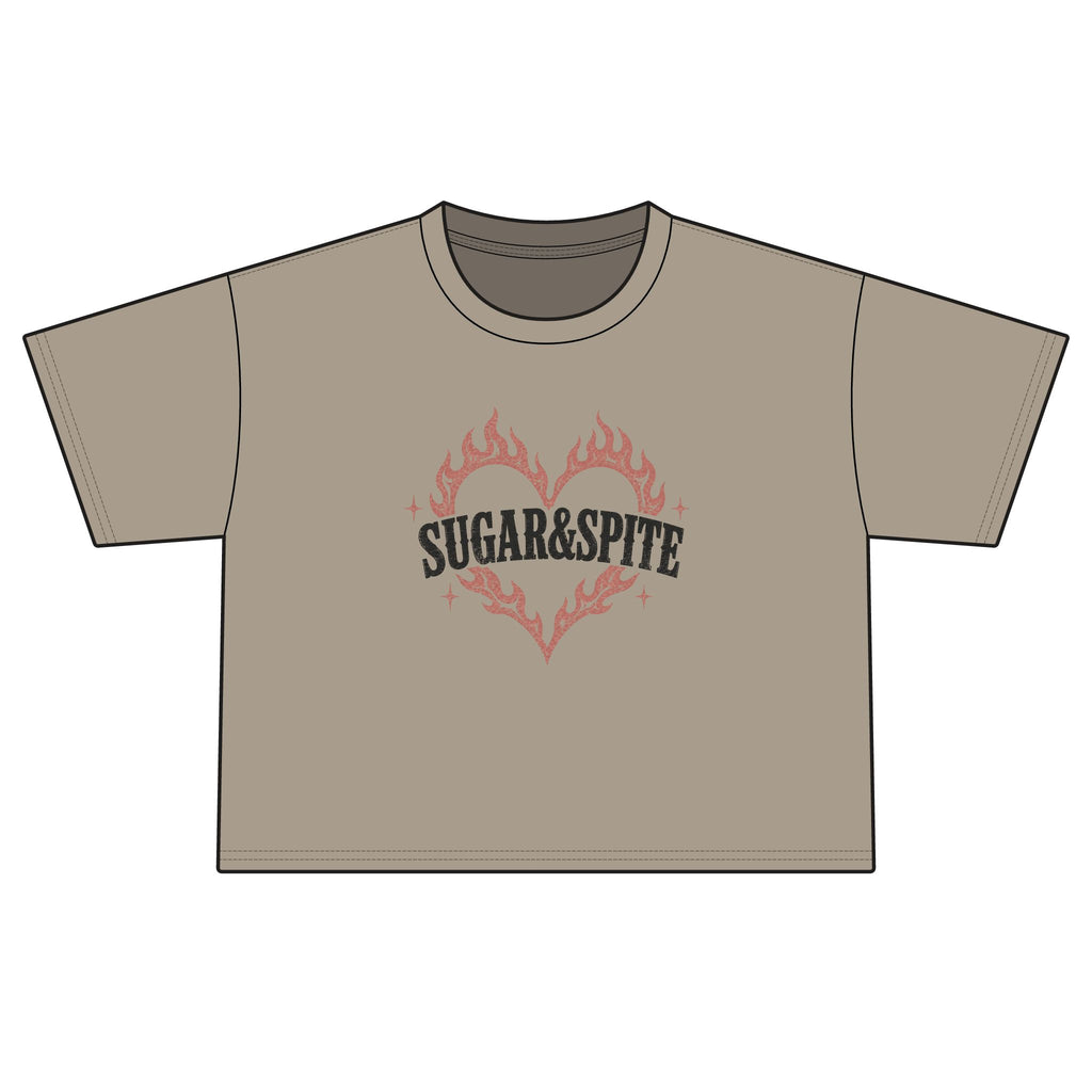 Sugar & Spite Women's Boxy Tee — Flame Heart Graphic Crop T‑Shirt