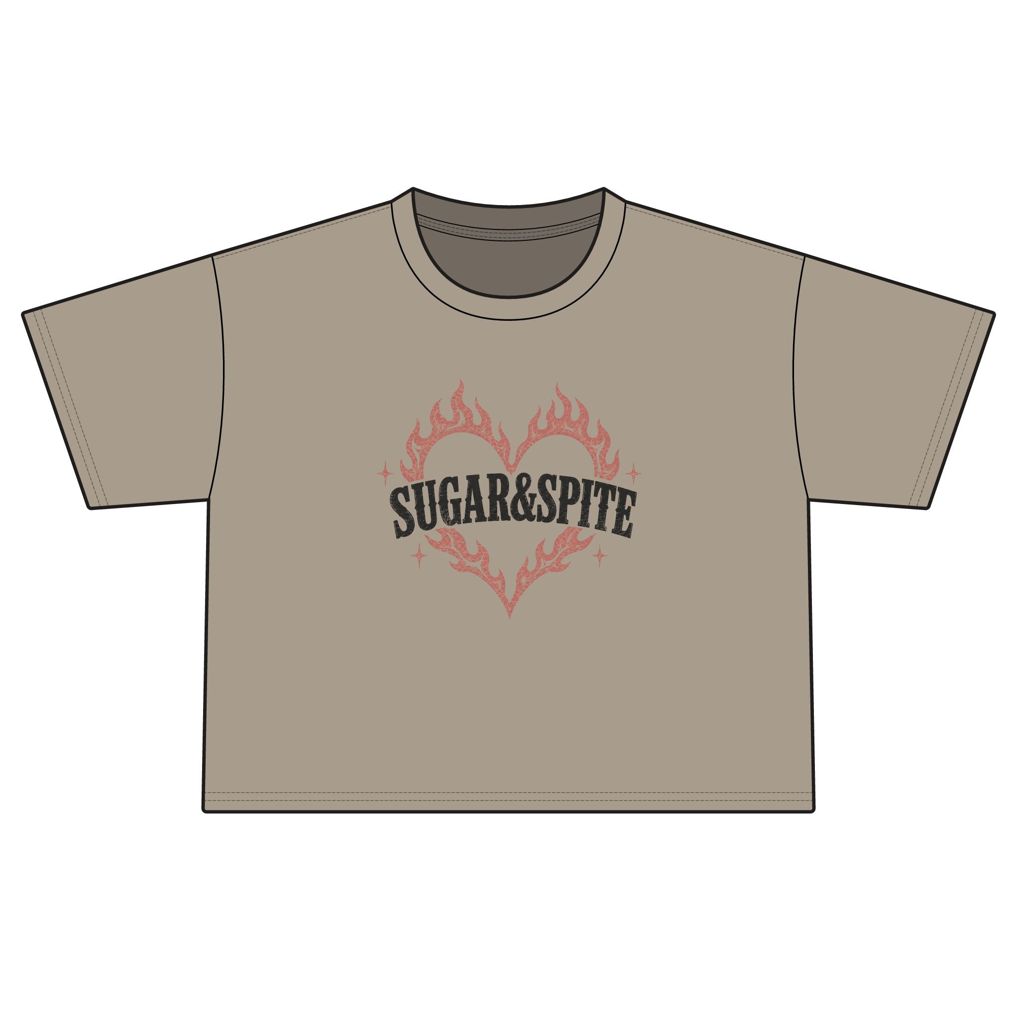 Sugar & Spite Women's Boxy Tee — Flame Heart Graphic Crop T‑Shirt