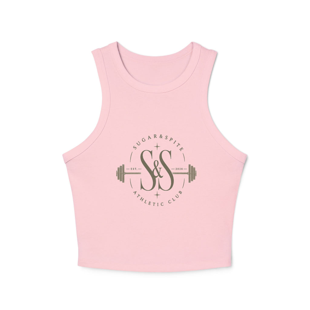 Athletic Club Micro Rib Racer Tank Top — Women's Gym Crop with Barbell Logo