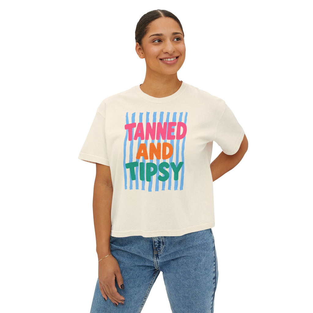 Tanned and Tipsy Boxy Tee — Fun Beach Vacation Crop Shirt