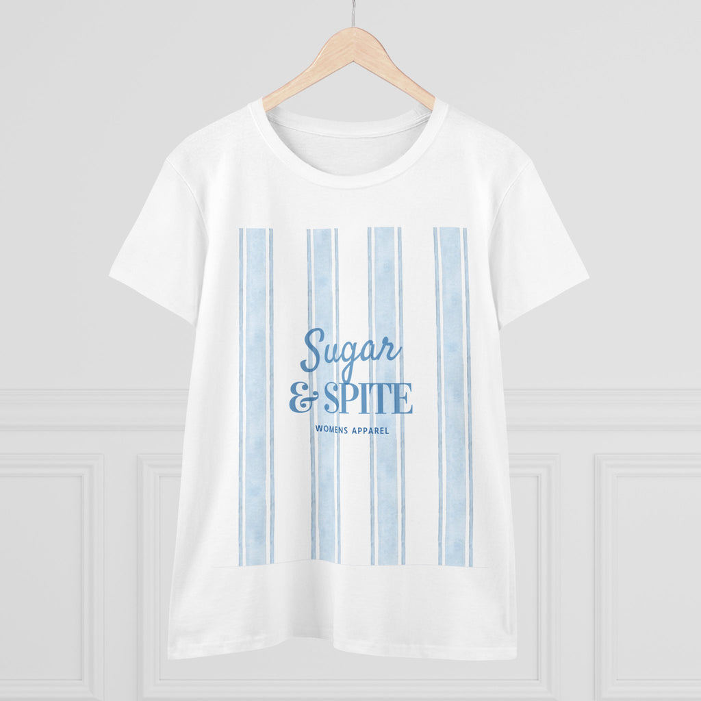Sugar & Spite Women's Tee — Blue Stripe Graphic Cotton Shirt
