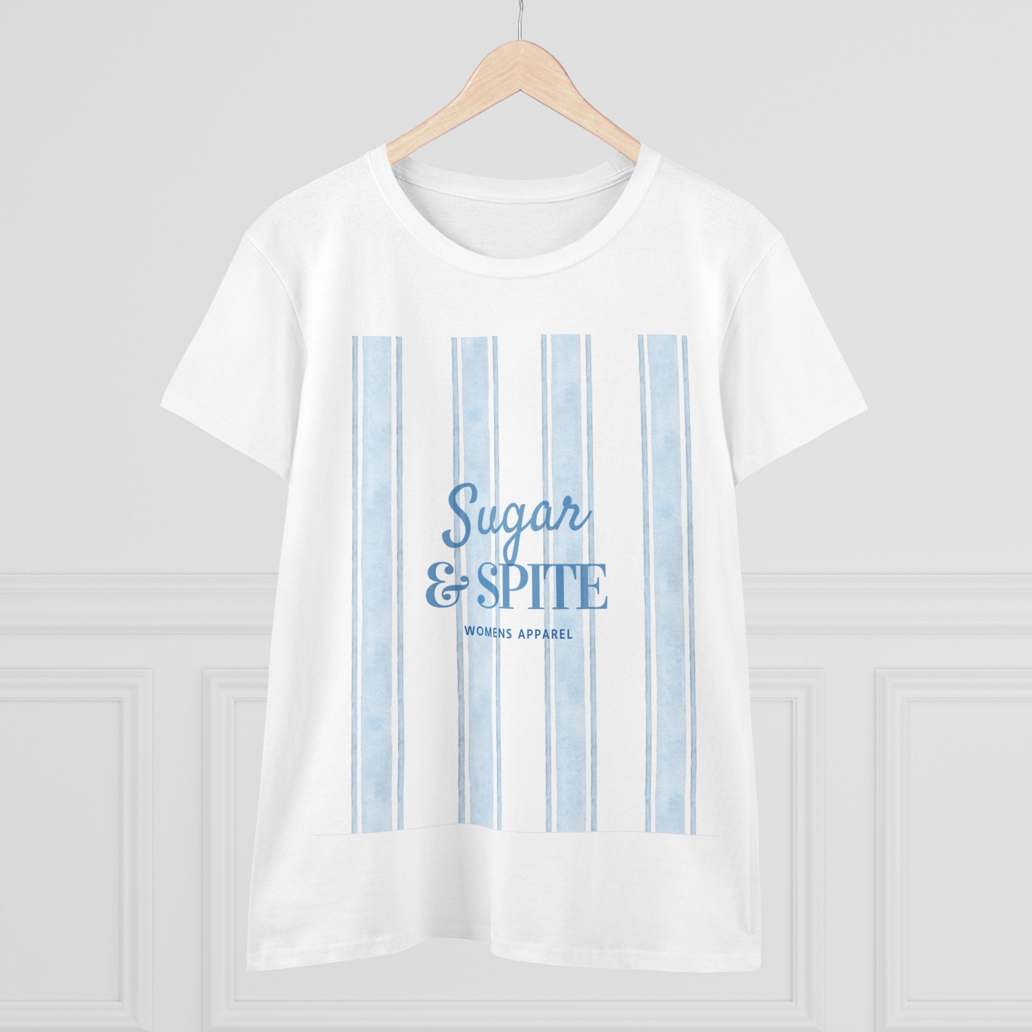 Sugar & Spite Women's Tee — Blue Stripe Graphic Cotton Shirt