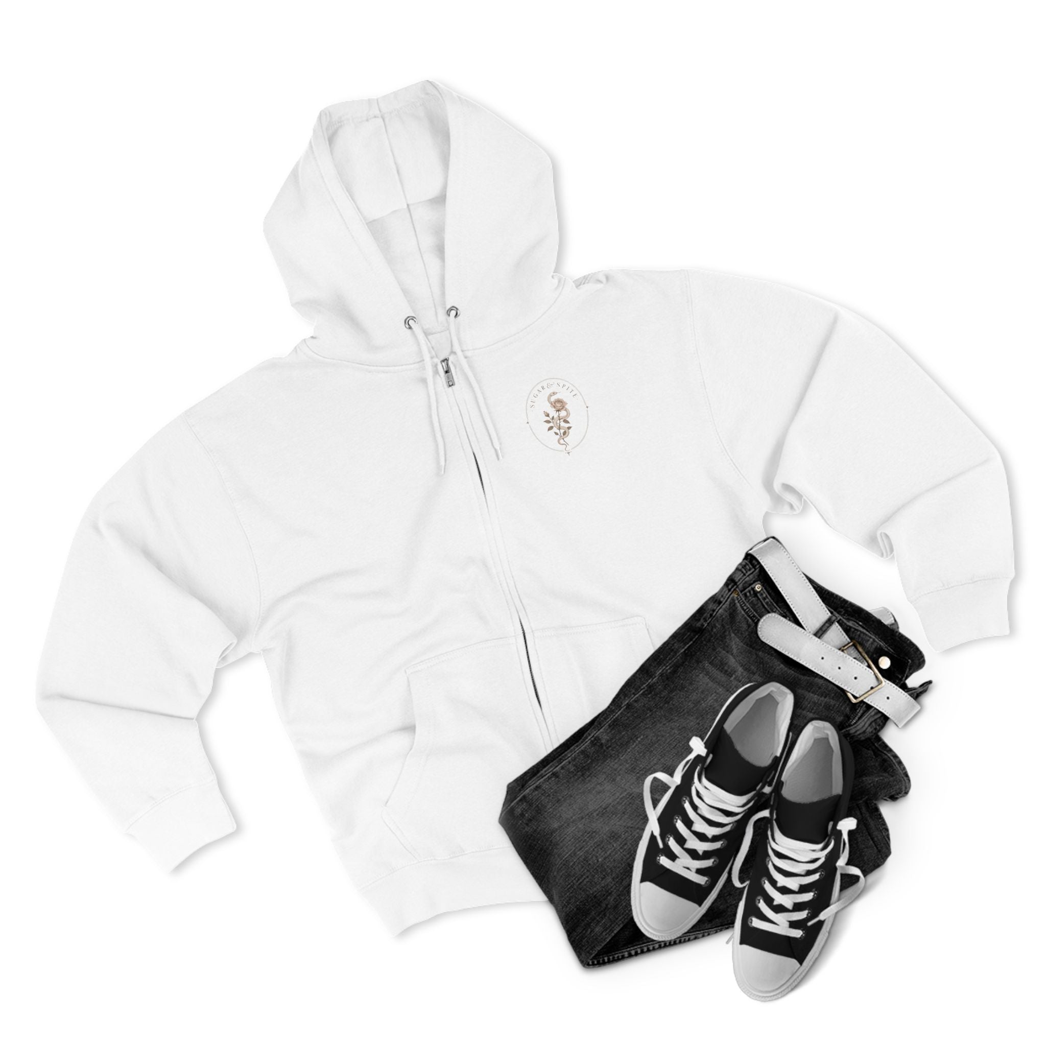 Minimal Floral Crest Zip Hoodie — Small Rose Emblem Chest Design