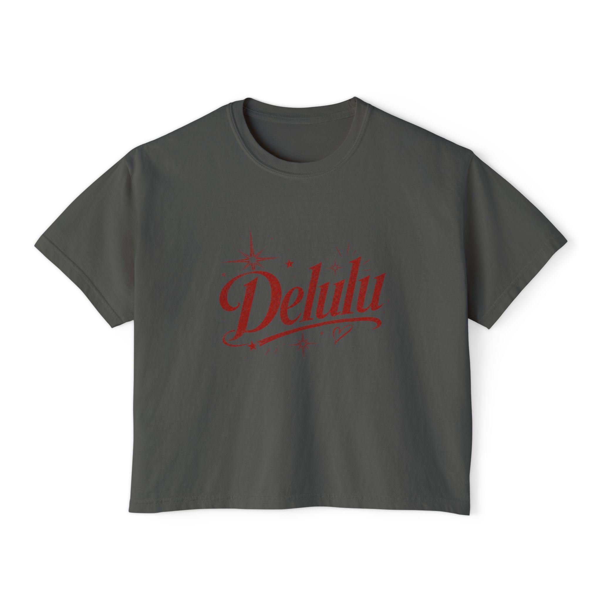 Delulu Boxy Tee - Retro Script Feminine Graphic Crop T‑Shirt