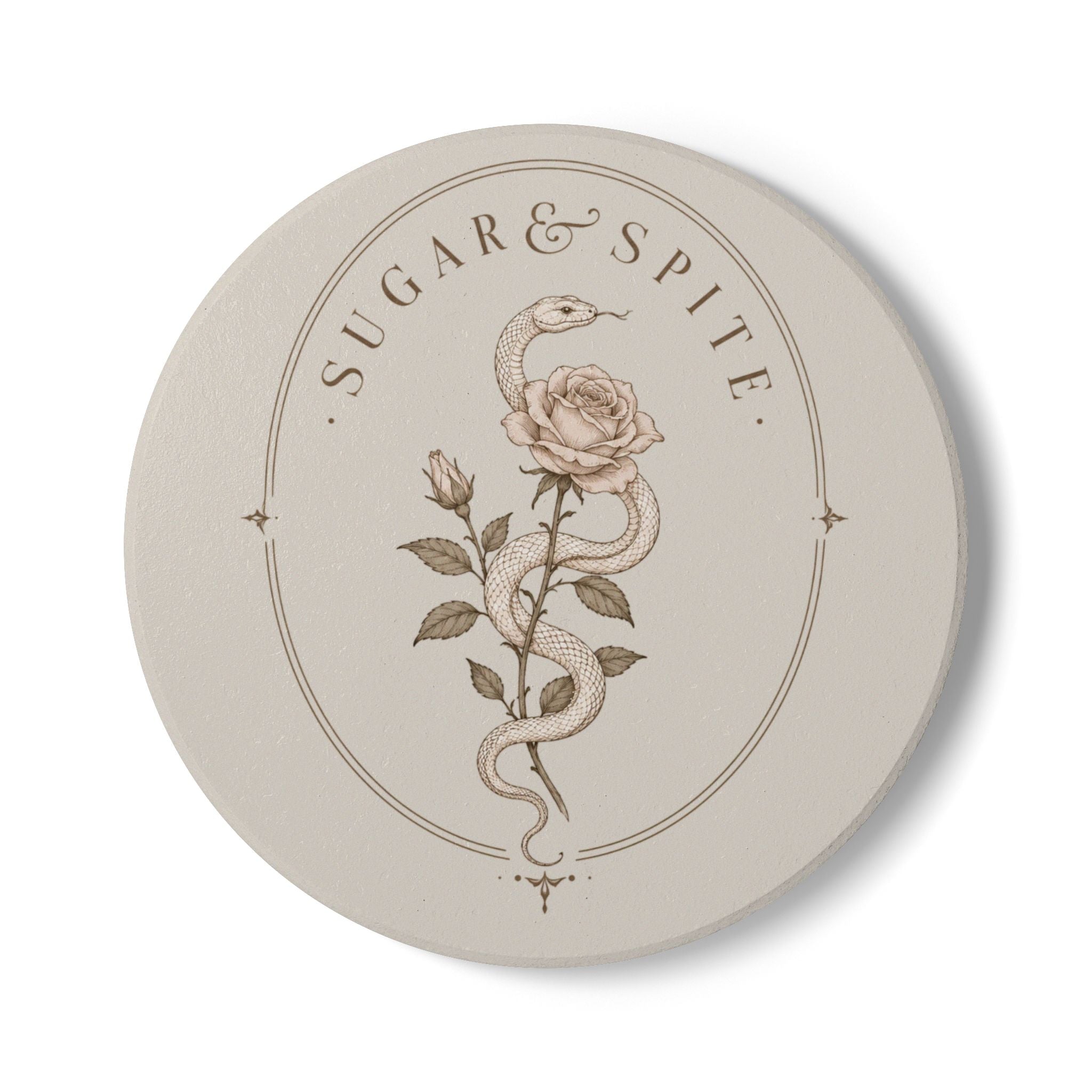 Ceramic Coaster — Vintage Snake & Rose 'Sugar & Spite' Decorative Drink Coaster