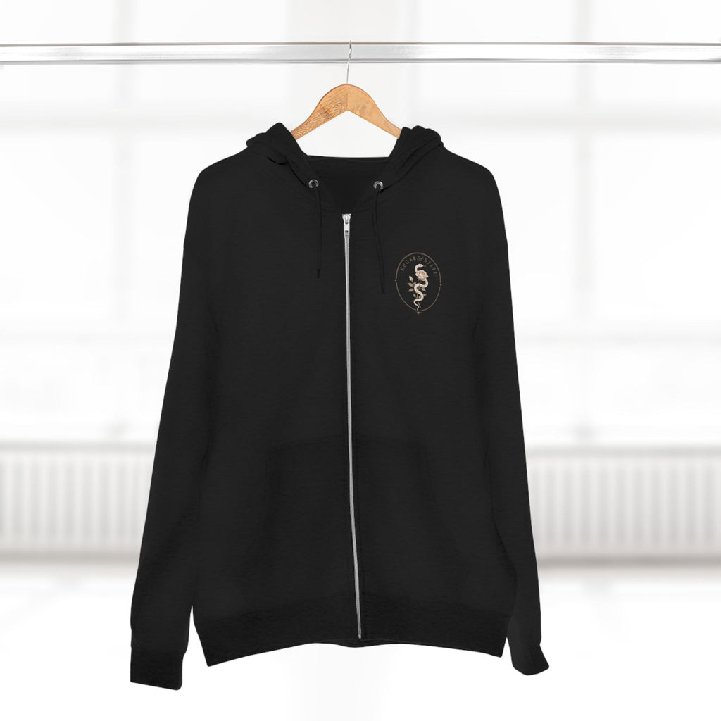 Minimal Floral Crest Zip Hoodie — Small Rose Emblem Chest Design