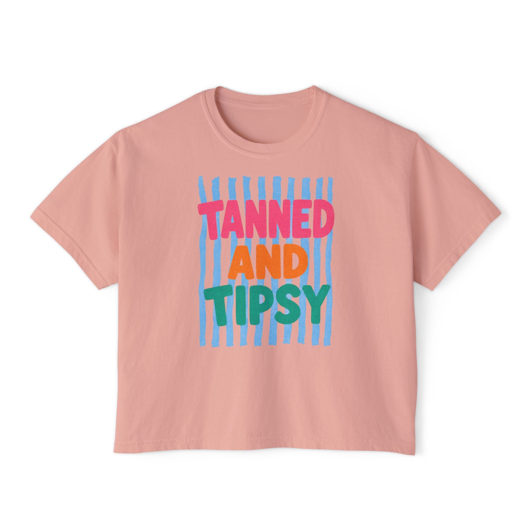 Tanned and Tipsy Boxy Tee — Fun Beach Vacation Crop Shirt