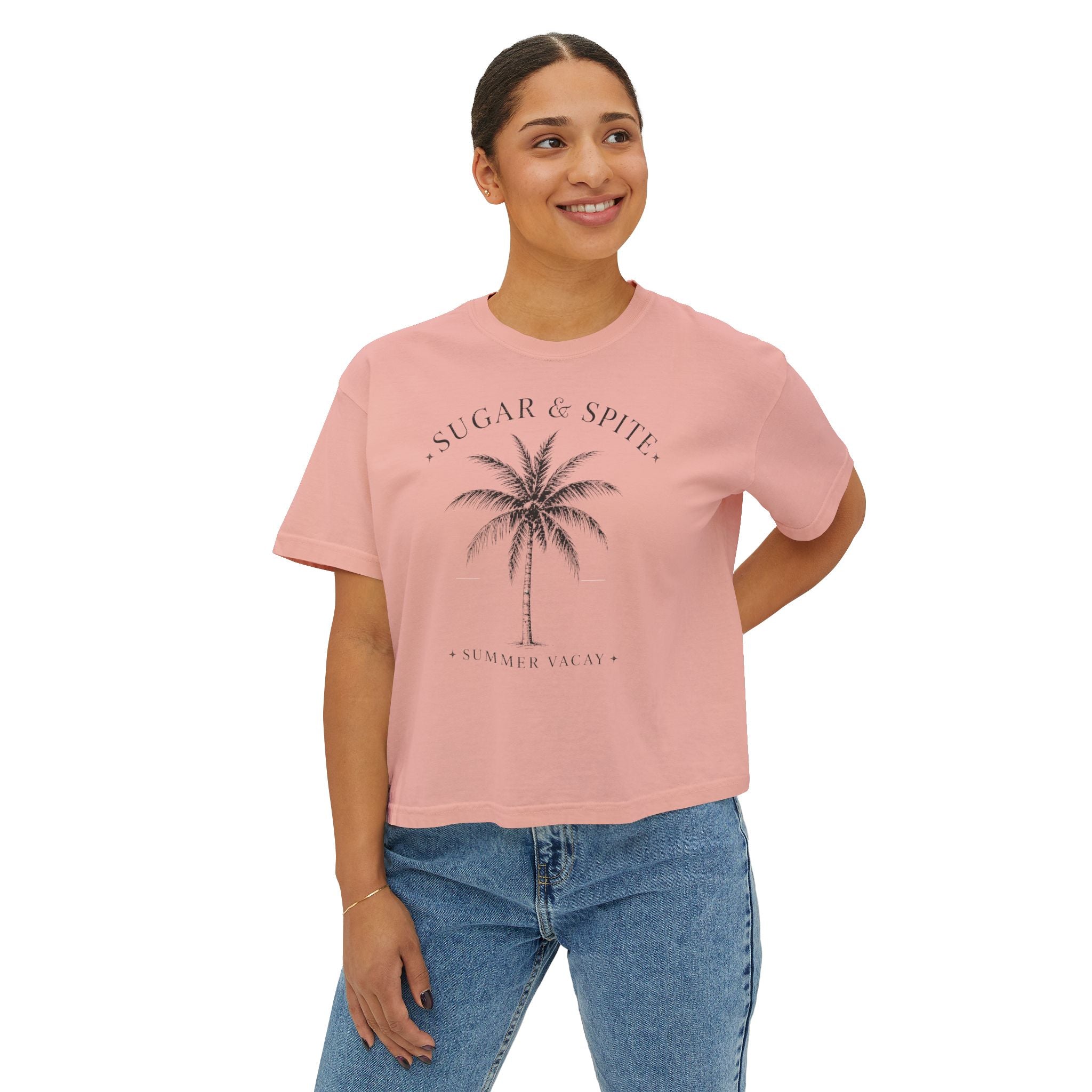 Sugar & Spice Palm Women's Boxy Tee — Summer Vacay Tropical Crop T-Shirt