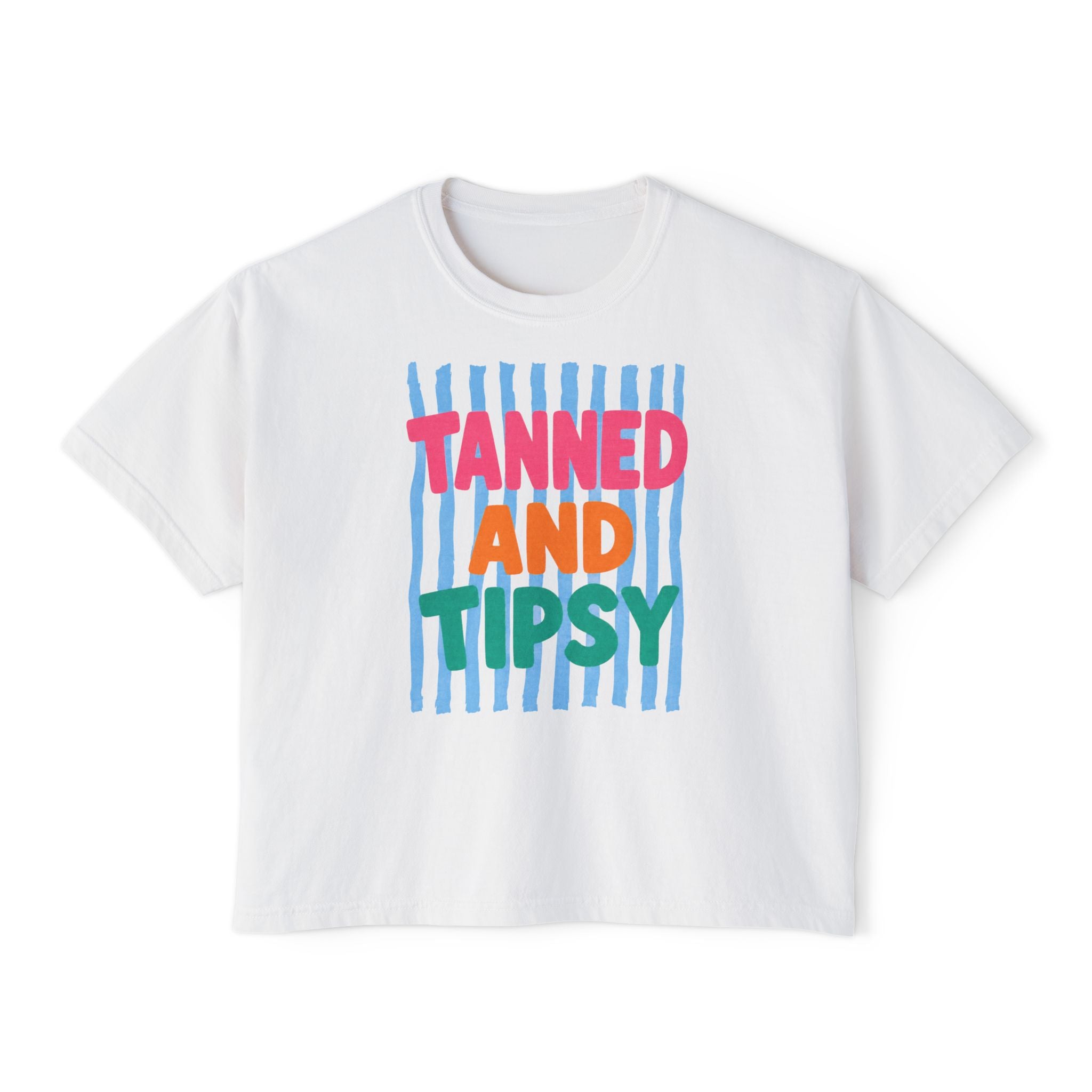Tanned and Tipsy Boxy Tee — Fun Beach Vacation Crop Shirt