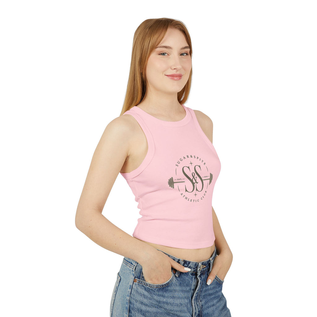 Athletic Club Micro Rib Racer Tank Top — Women's Gym Crop with Barbell Logo