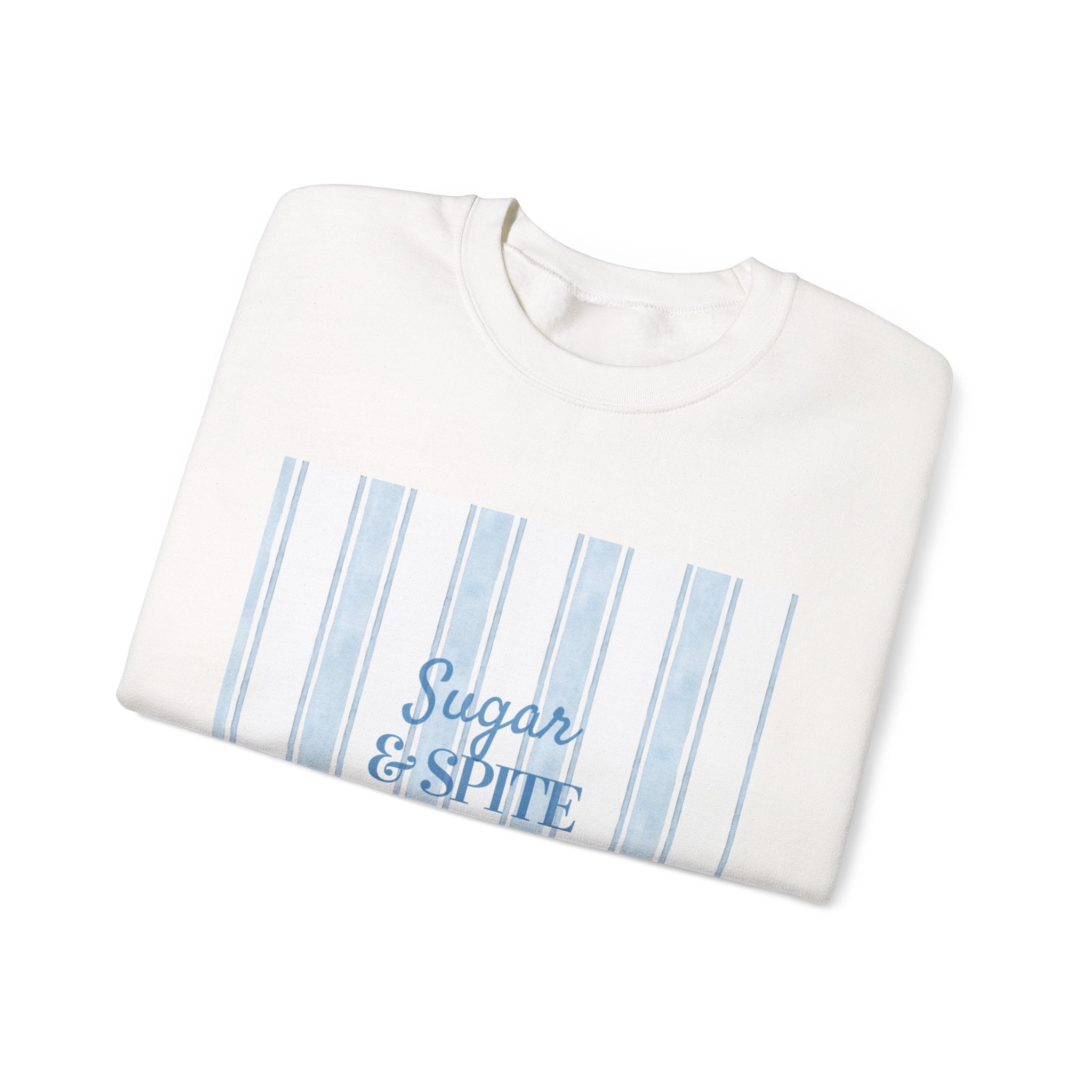 Crewneck Sweatshirt — 'Sugar & Spite' Blue Stripe Graphic